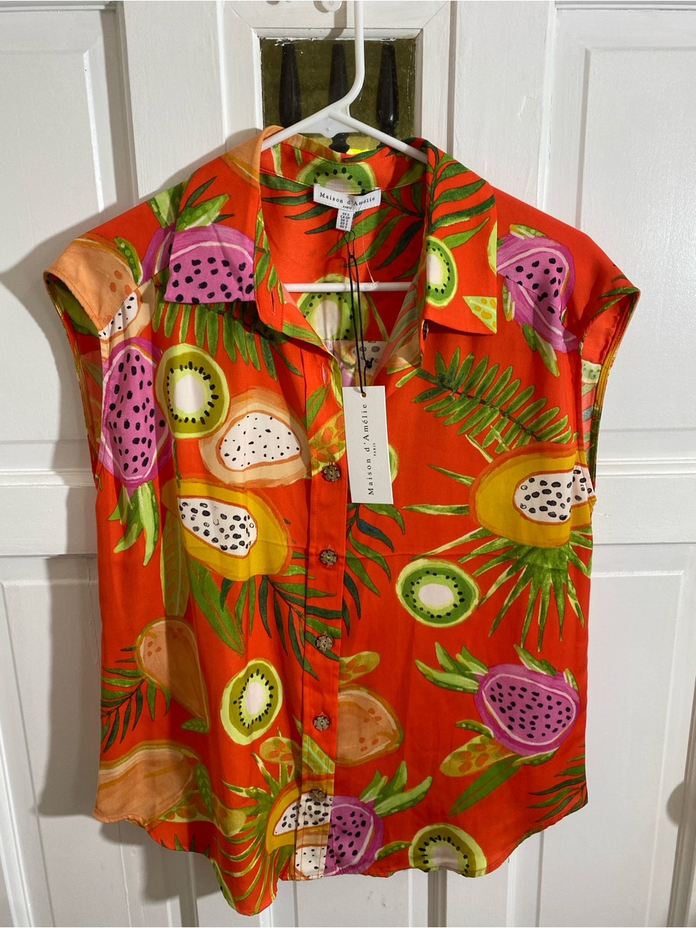 Madison d’Amelie Tropical Fruit Print Sleeveless Button-Up Top - Bright Orange - Picture 3 of 6
